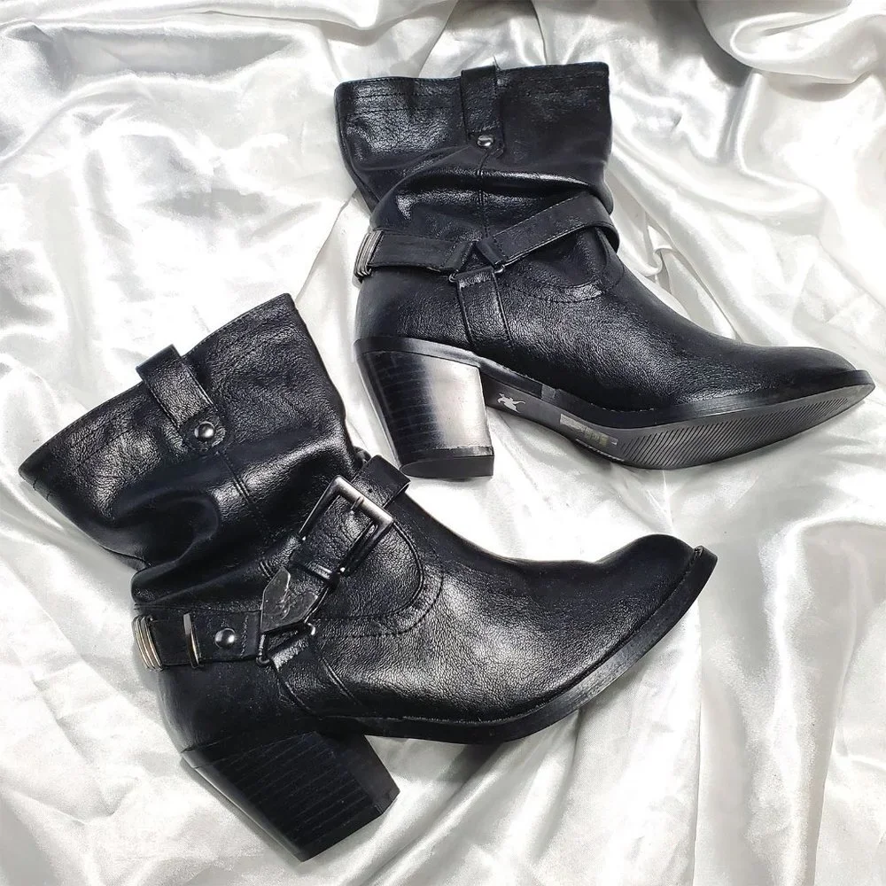 NIB SHIEKH black western motorcycle heeled ankle boots with straps SZ 6